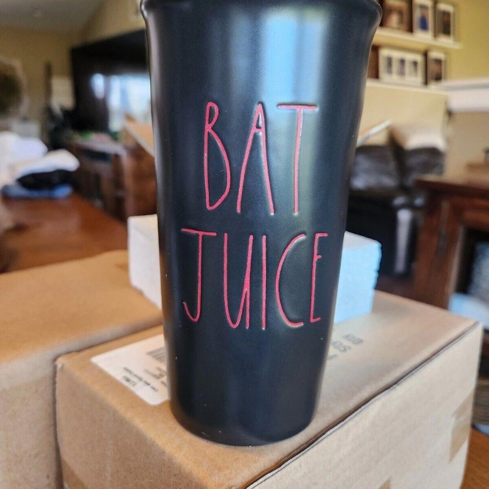 Rae Dunn "Bat Juice" Travel Mug 500ml 17oz Lid Black Red (NEW IN BOX)